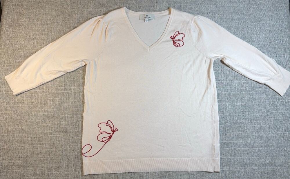 Laurie Felt Sweater Women L Ivory Butterfly Embroidered V Neck Lightweight Knit